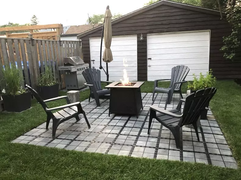 Patio chairs with fire pit on top of permeable paver base