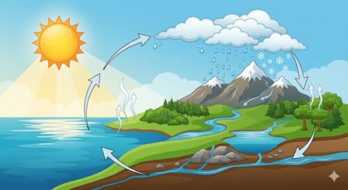 Illustration depicting the water cycle: sun shining over ocean, clouds form and release rain over mountains, streams flow to river, arrows show cycle.