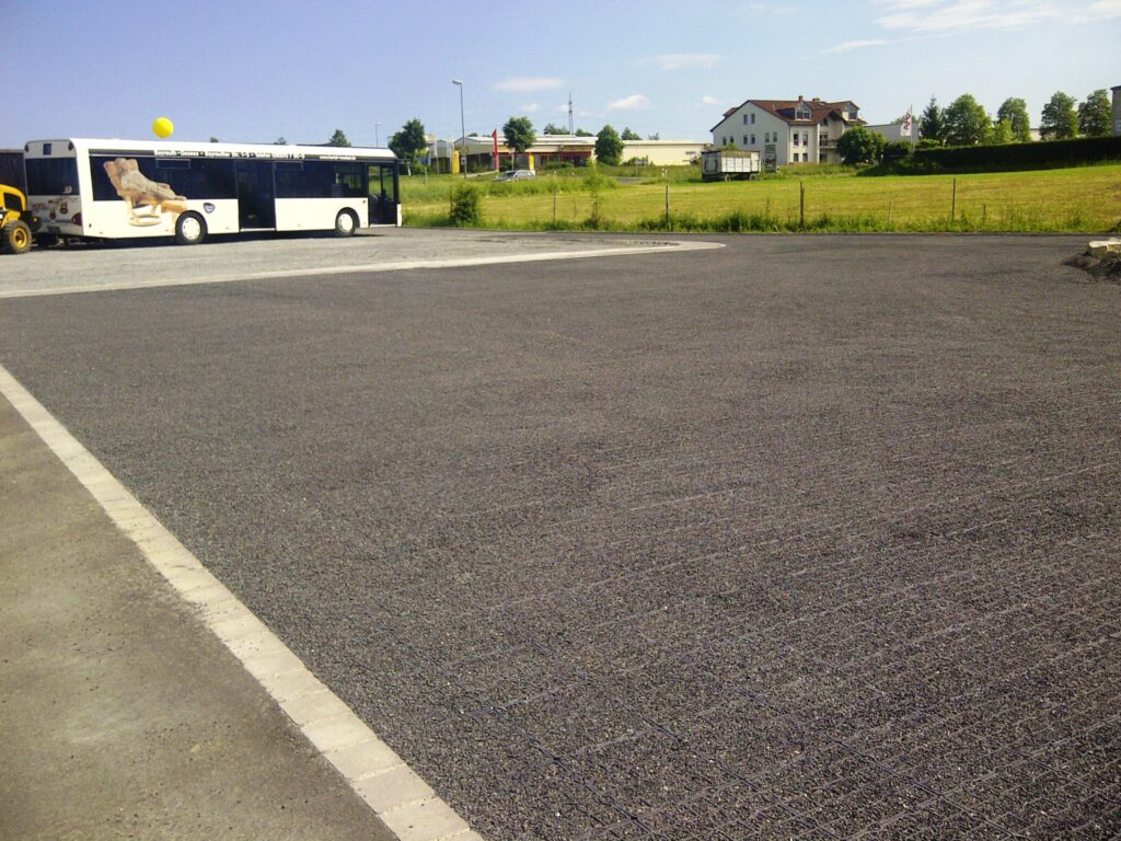 Commercial permeable paving system supporting stormwater drainage and erosion control.